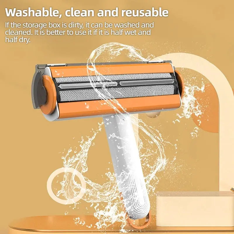Simples Market washable pet hair removal roller, orange and gray handheld device.