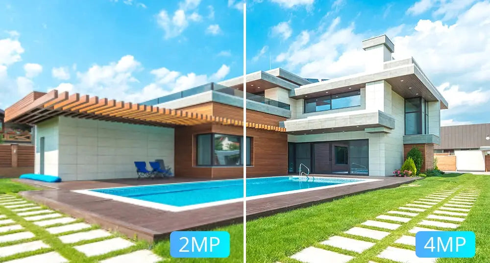 4MP PTZ WiFi IP Camera outdoor surveillance; split-screen 2MP vs 4MP with 4X digital zoom, Simples Market