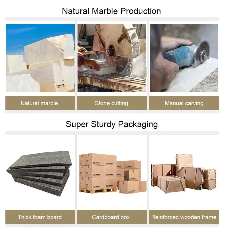 Simples Market natural marble bathroom set: soap dispenser, toothbrush holder, tray; packaged in cardboard boxes.