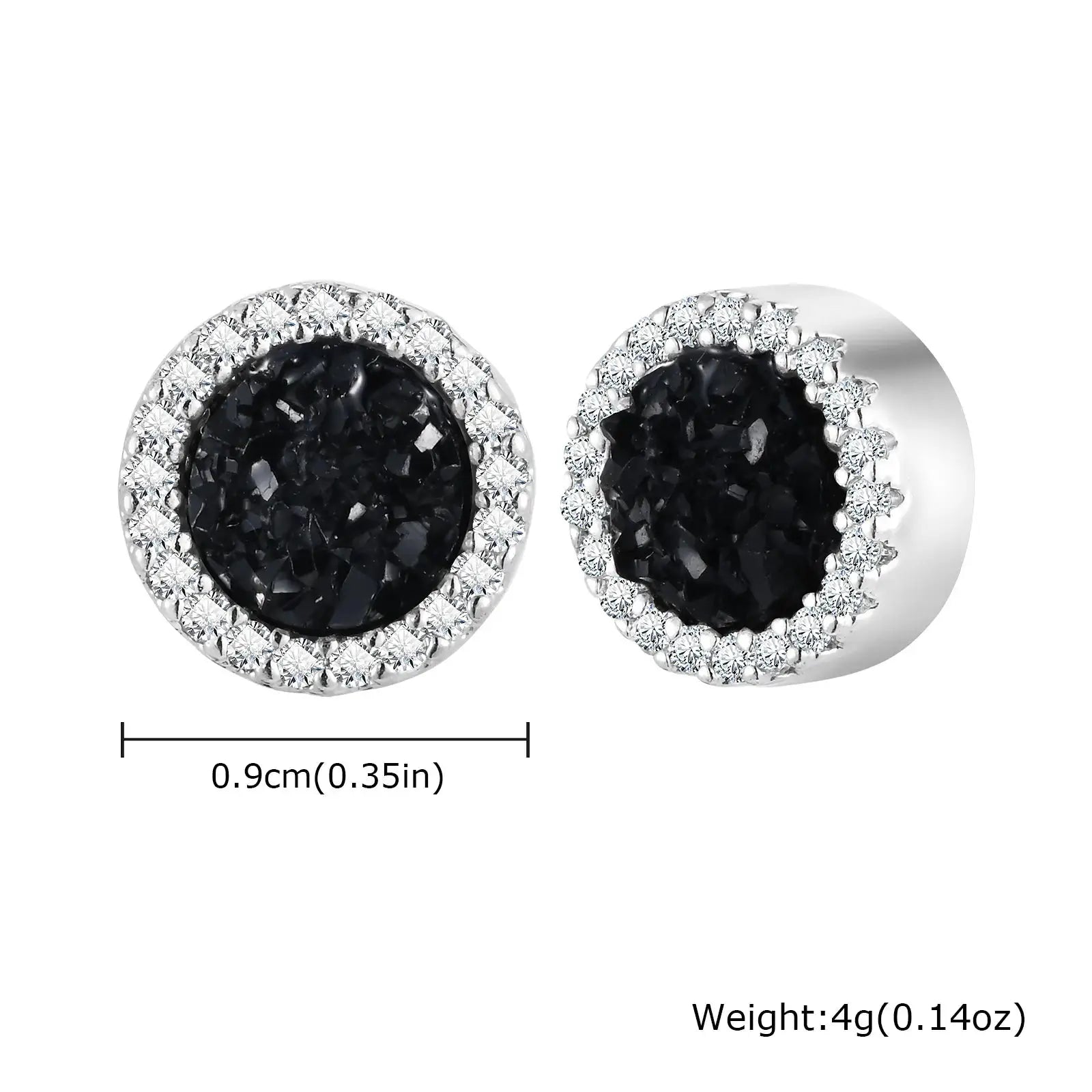 Punk round zircon magnetic ear studs, black center with crystal halo, stainless steel pair