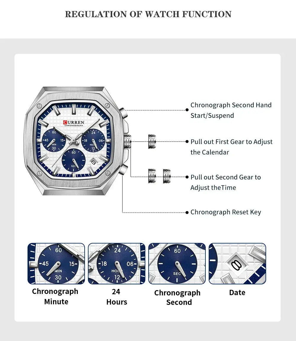 CURREN square stainless steel chronograph wristwatch with blue dial and date, Simples Market