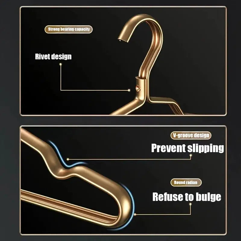Simples Market golden aluminum alloy clothes hangers, 5/10-pack, rivet and V-groove design with anti-slip, round radii.