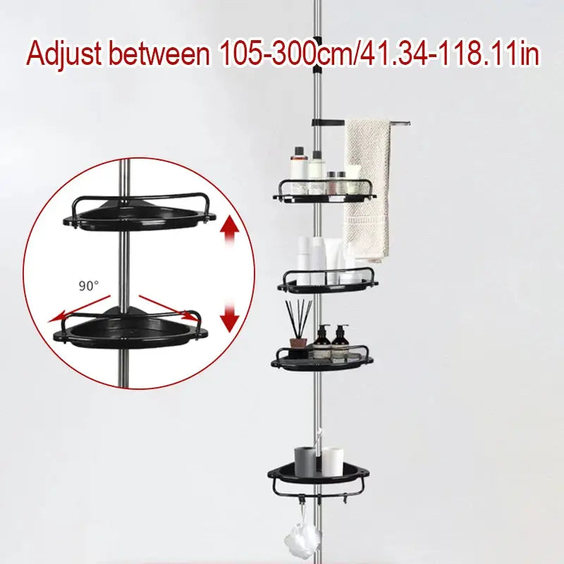 Stainless steel telescopic 4-layer corner shower rack, Simples Market, adjustable 105-300 cm, black trays.