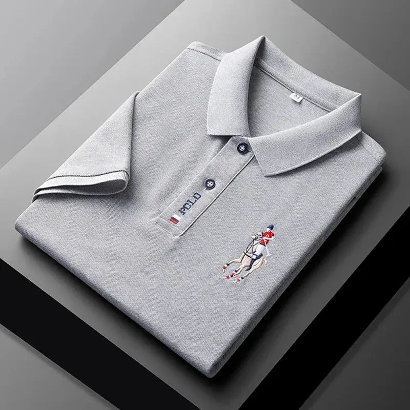 Men's light gray polo shirt with short sleeves, featuring an embroidered polo player logo on the chest