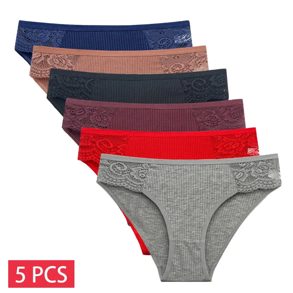 5-pack low-rise lace panties for women; multicolor cotton briefs with lace side panels