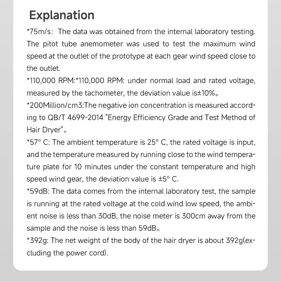 Simples Market DOCO hair dryer specification sheet with 75m/s speed, 110,000 RPM, 200M ion concentration, 392g weight