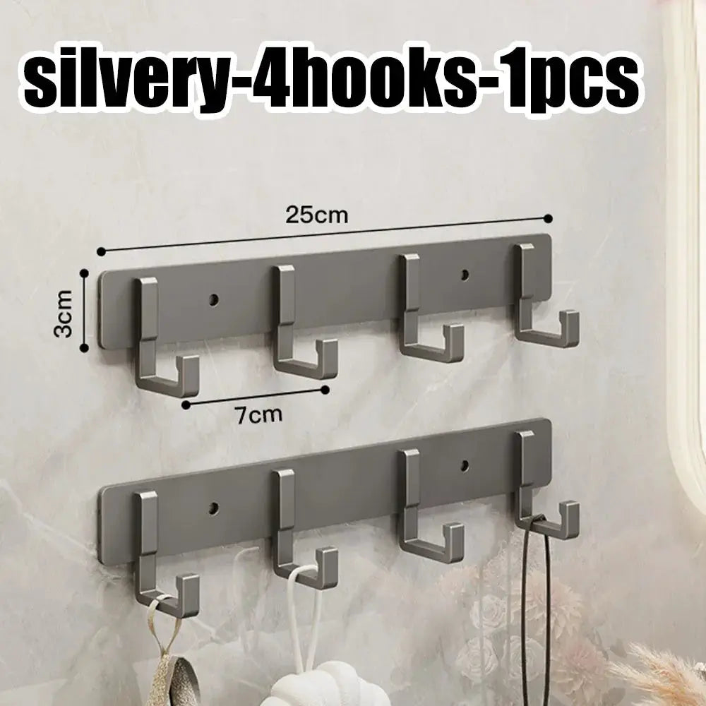Aluminum punch-free hook rack set with two 4-hook bars in silver for kitchen and bathroom storage