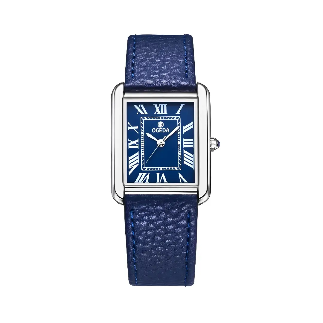 OGEDA square-dial wristwatch with blue leather strap and stainless steel case