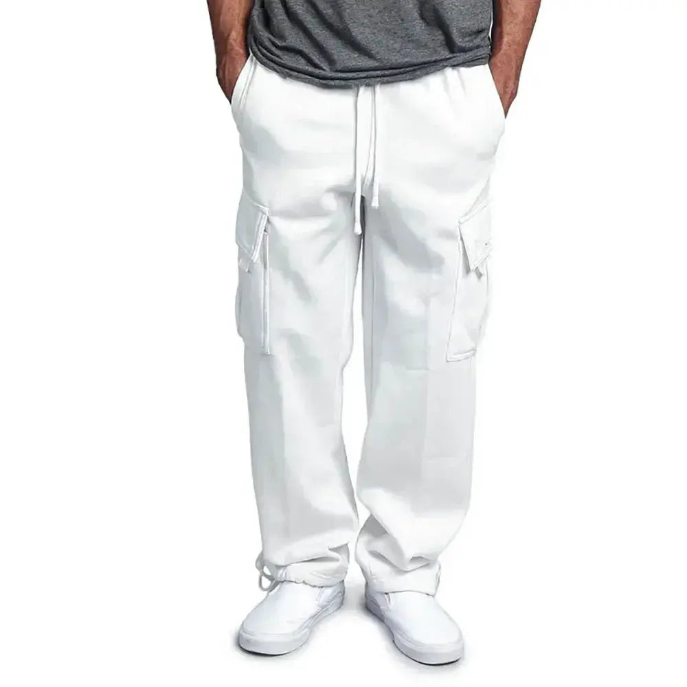 Men's cargo sweatpants in white with drawstring waist and side cargo pockets, loose fit