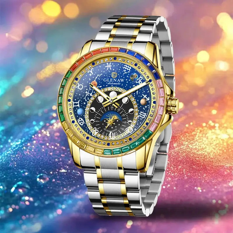 GLENAW Rainbow Circle mechanical watch with constellation dial and rainbow bezel, two-tone gold-silver bracelet