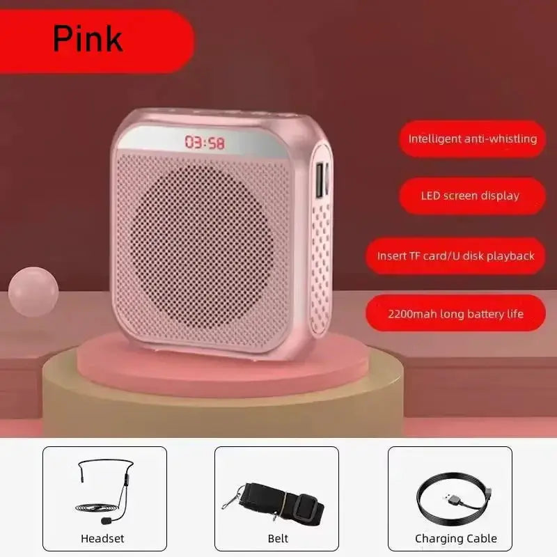 XIKCU pink portable voice amplifier with LED display; includes headset, belt, charging cable
