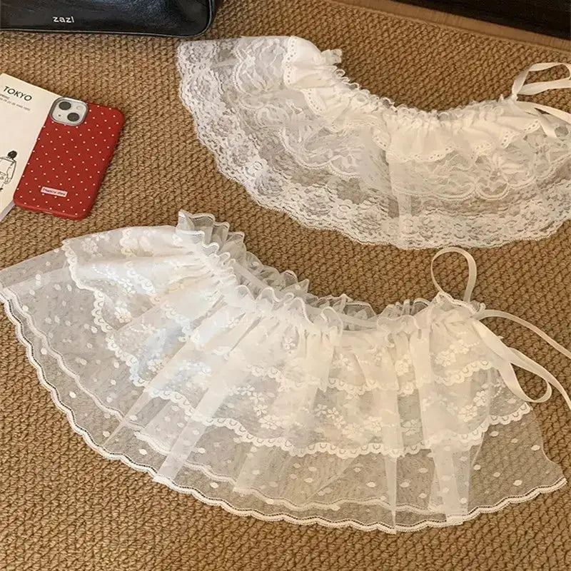 White lace layered gauze skirts, A-line mini with waist ties, two pieces