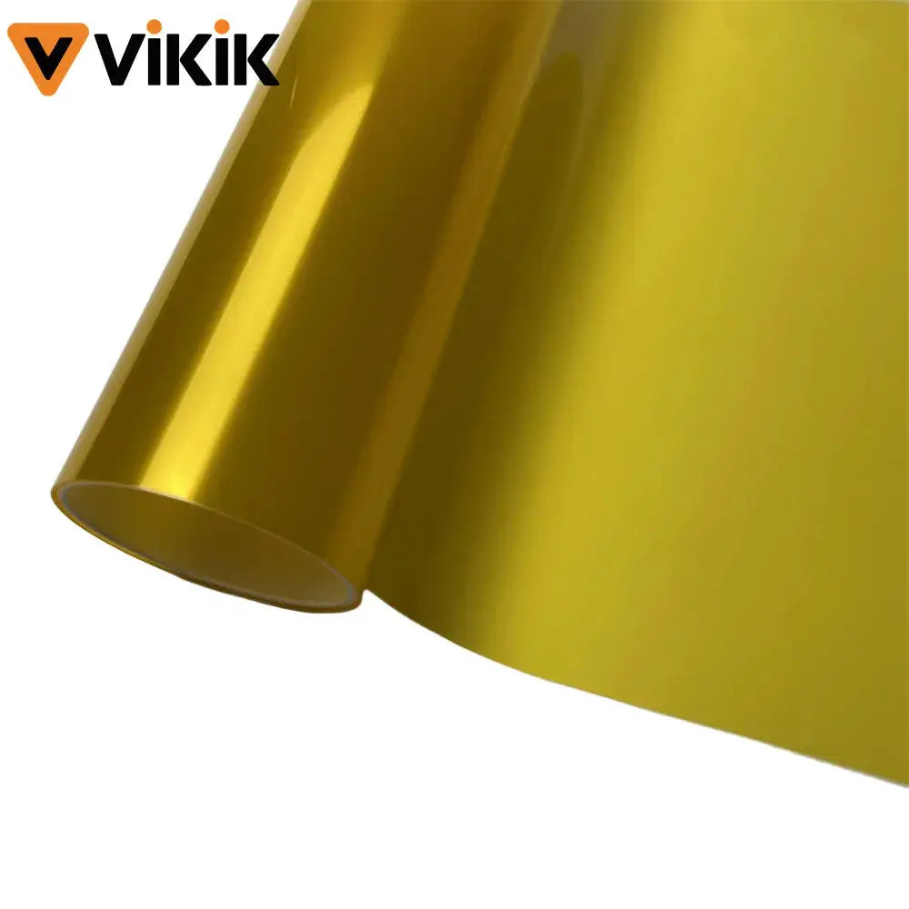 Gold vinyl wrap film roll for car and motorcycle headlights and taillights; ViKiK metallic yellow PVC sheet