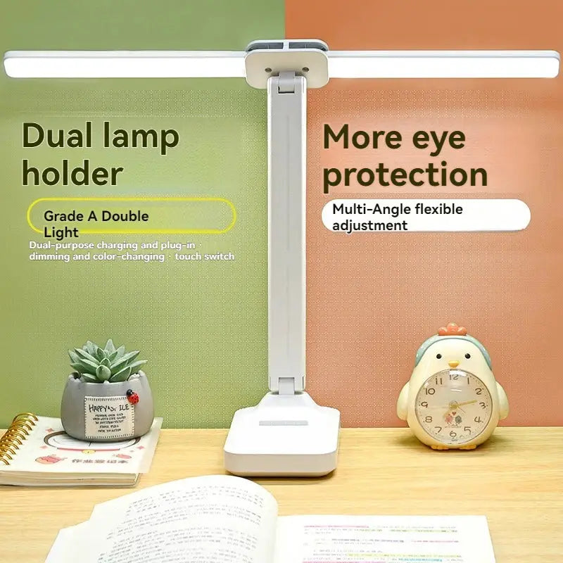 LuminaDesk Dual Head LED Desk Lamp Foldable Dimmable Reading Light With USB Rechargeable Battery