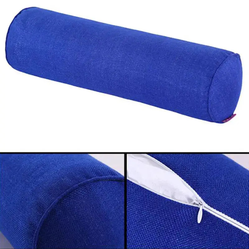 Cylindrical bolster pillow cover in blue cotton-linen with zipper by Simples Market, showing fabric texture and seam