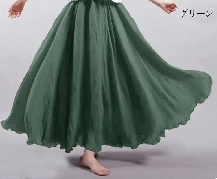 Long green cotton-linen Mori Girl skirt with elastic waist by Simples Market