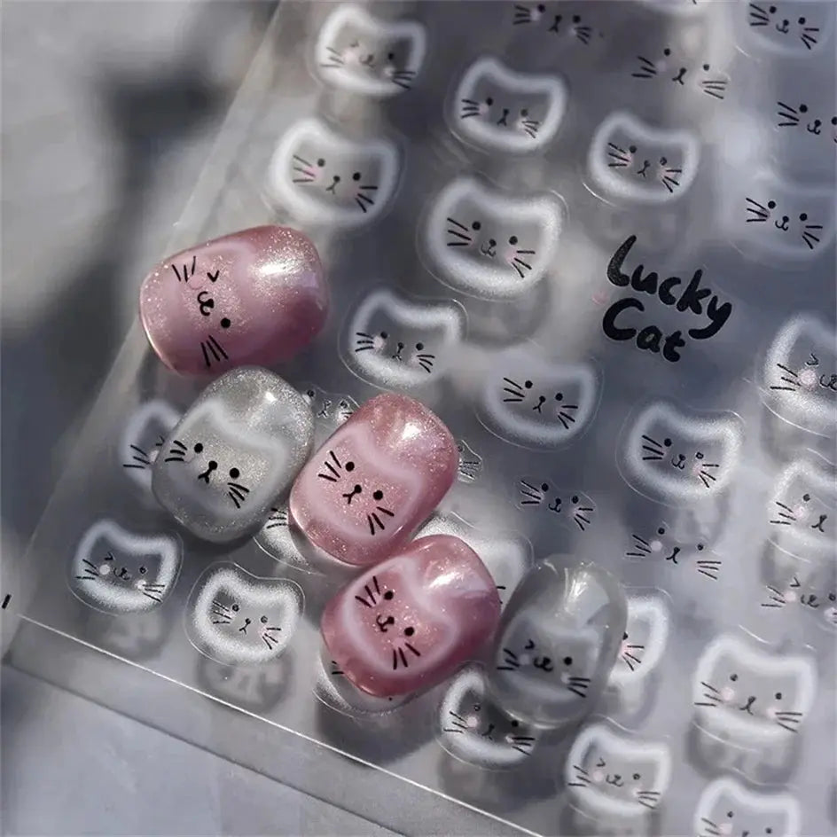 Cat-face nail art stickers by Lucky Cat; pink and silver glitter manicure decals