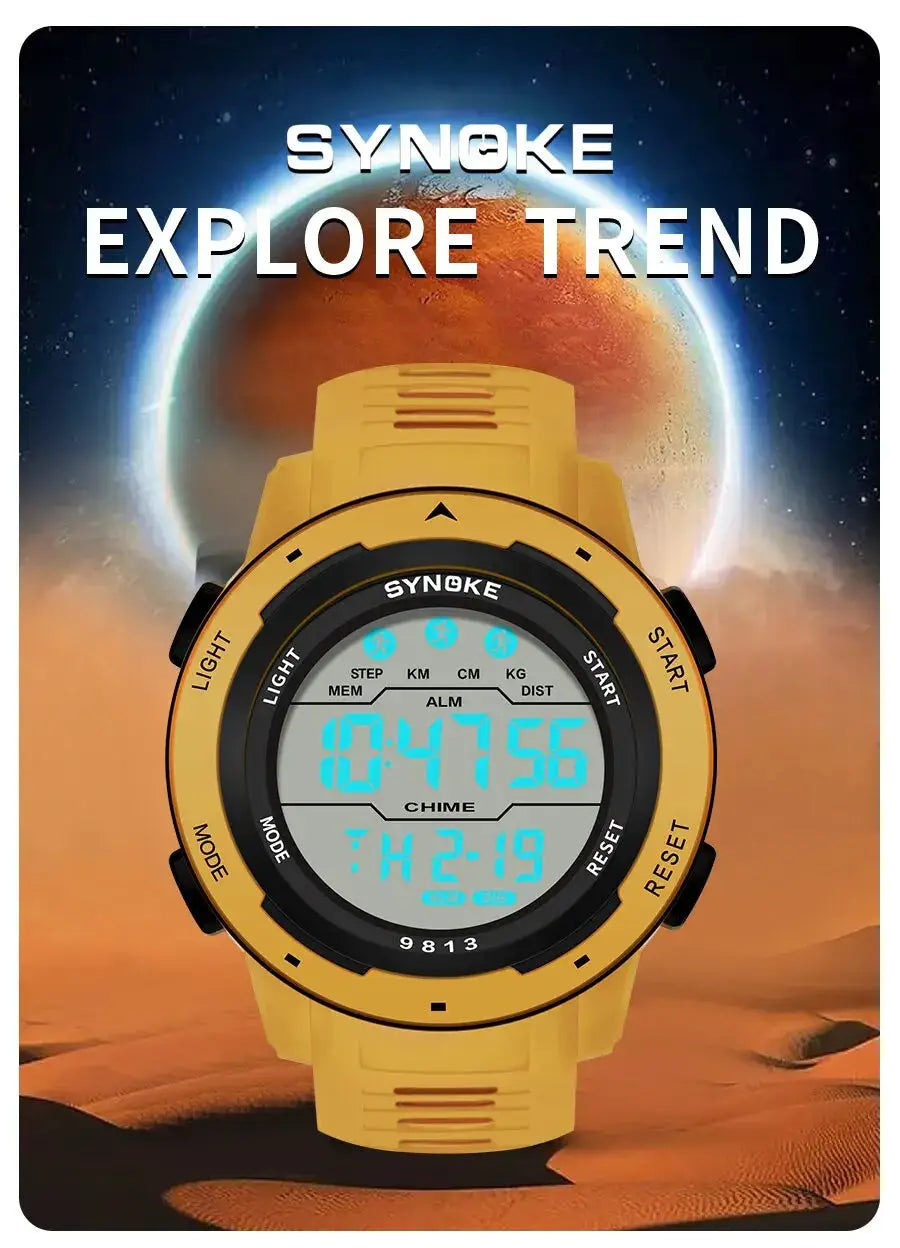 SYNOKE men's digital watch with yellow strap and blue backlit display