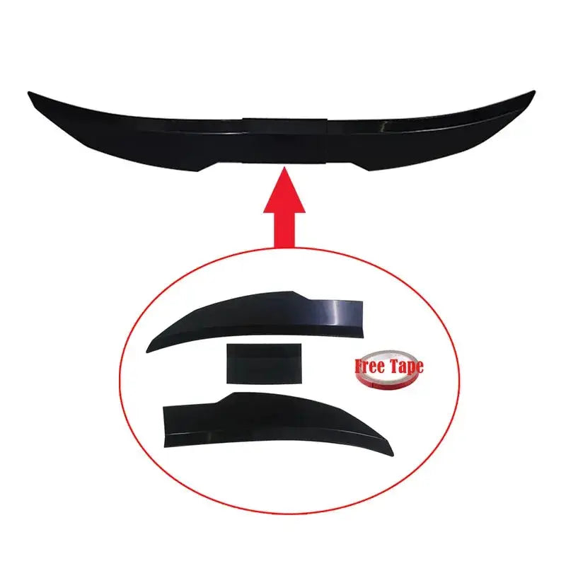 3-piece universal sedan rear spoiler kit by Simples Market, black, with mounting pieces and free tape.
