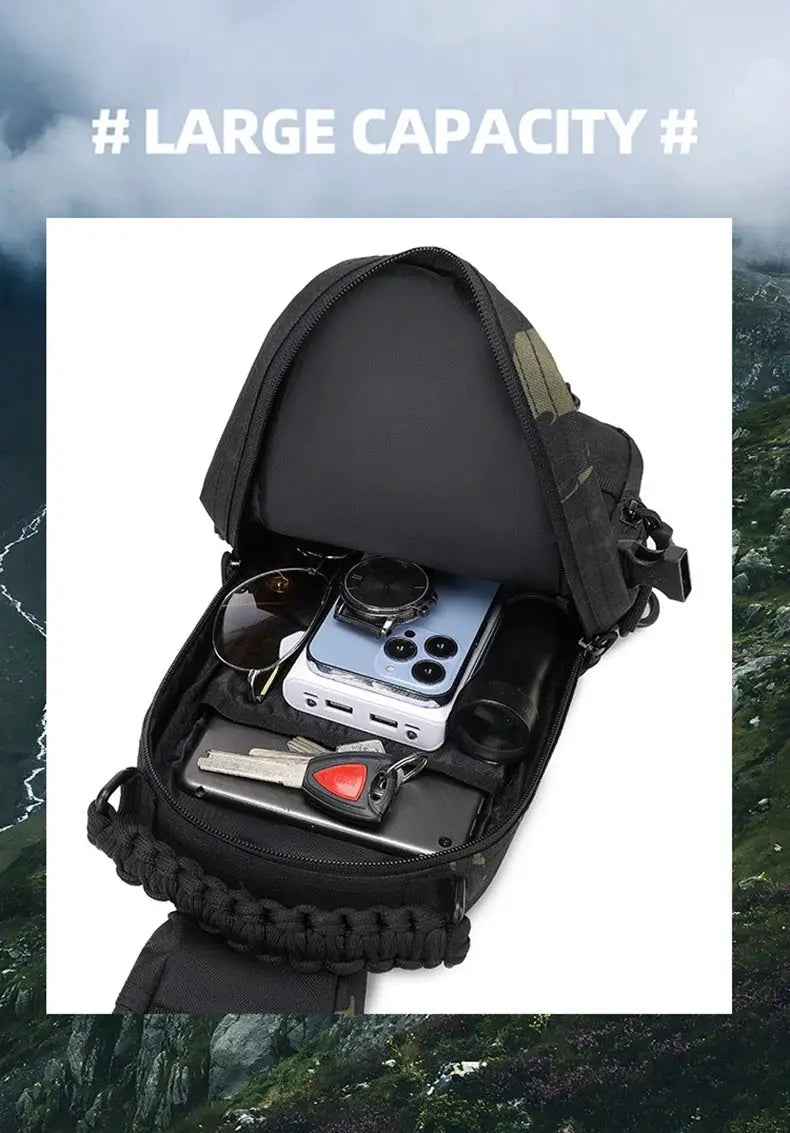 Tactical chest bag by Simples Market, black MOLLE sling pack with large capacity; shows phone, sunglasses and keys.