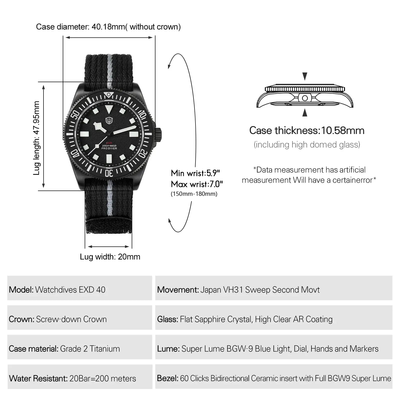 Watchdives EXD 40mm titanium dive watch for men with black dial, black bezel, and striped fabric strap