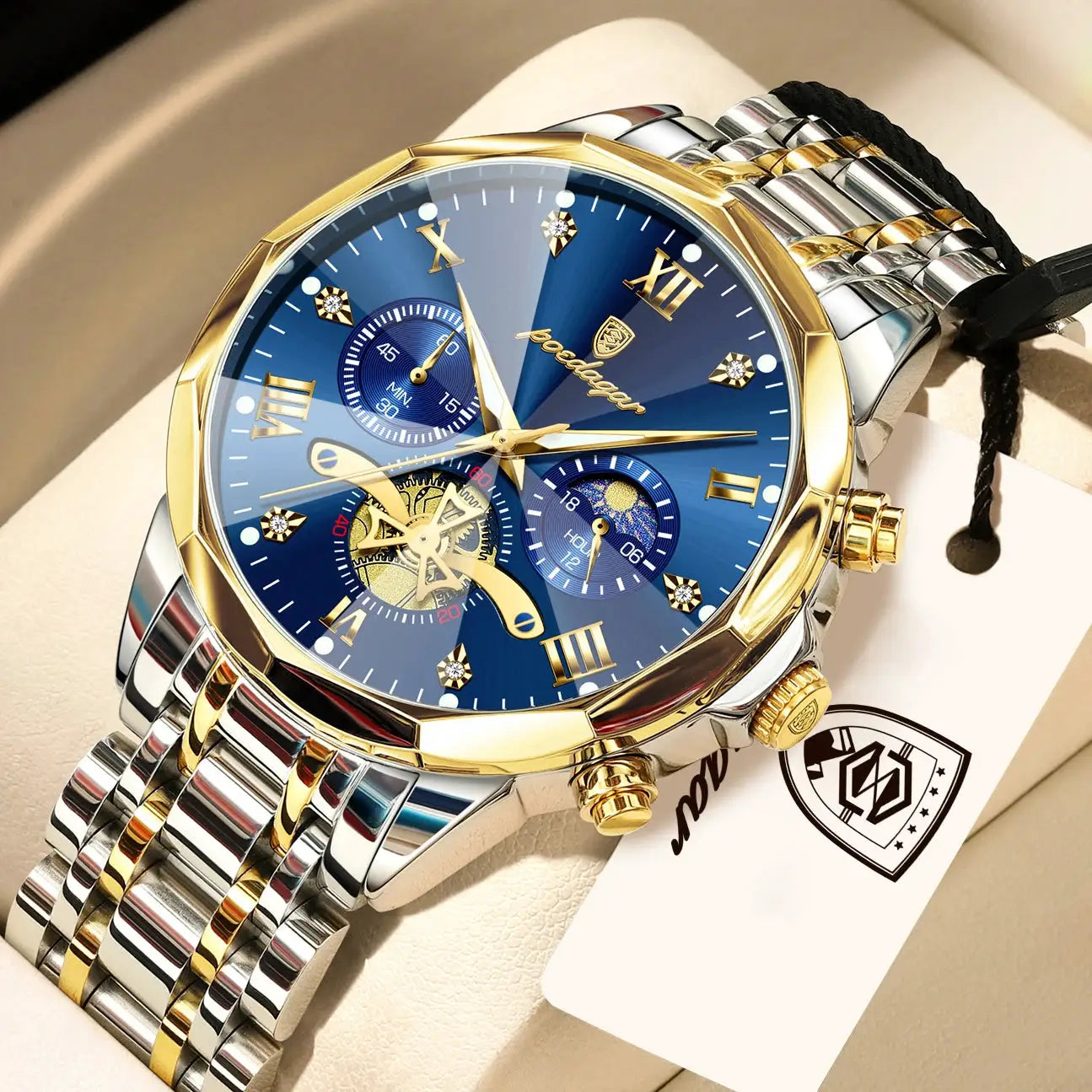 POEDAGAR Exquisite Business Mens Watch Waterproof Luminous Chronograph Luxury Stainless Steel Quartz Wristwatch