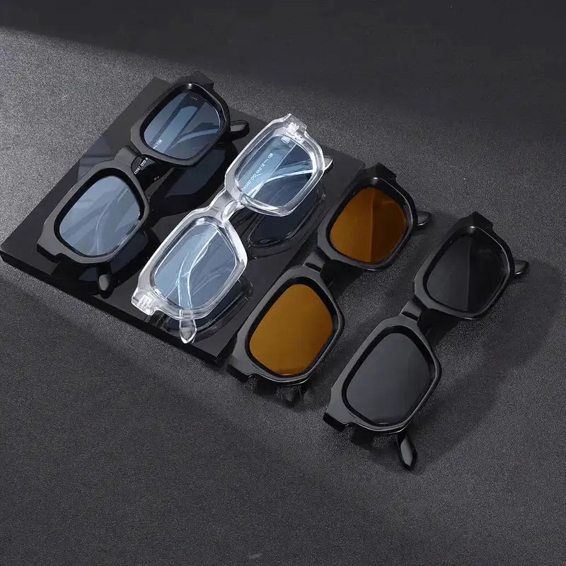 Sunglasses 4pc set of men's vintage rectangular frames in black, clear, and brown with UV400 lenses
