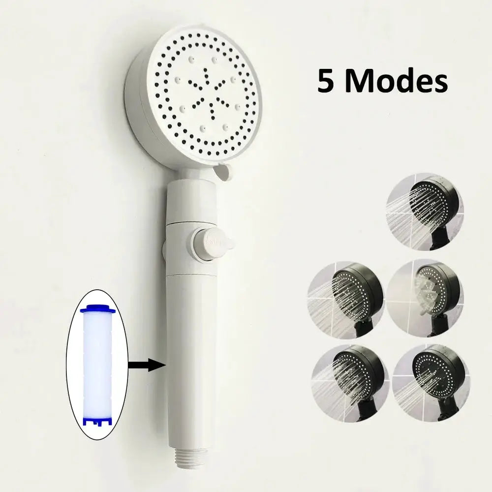 Simples Market white handheld 5-mode pressurized shower head with filter cartridge