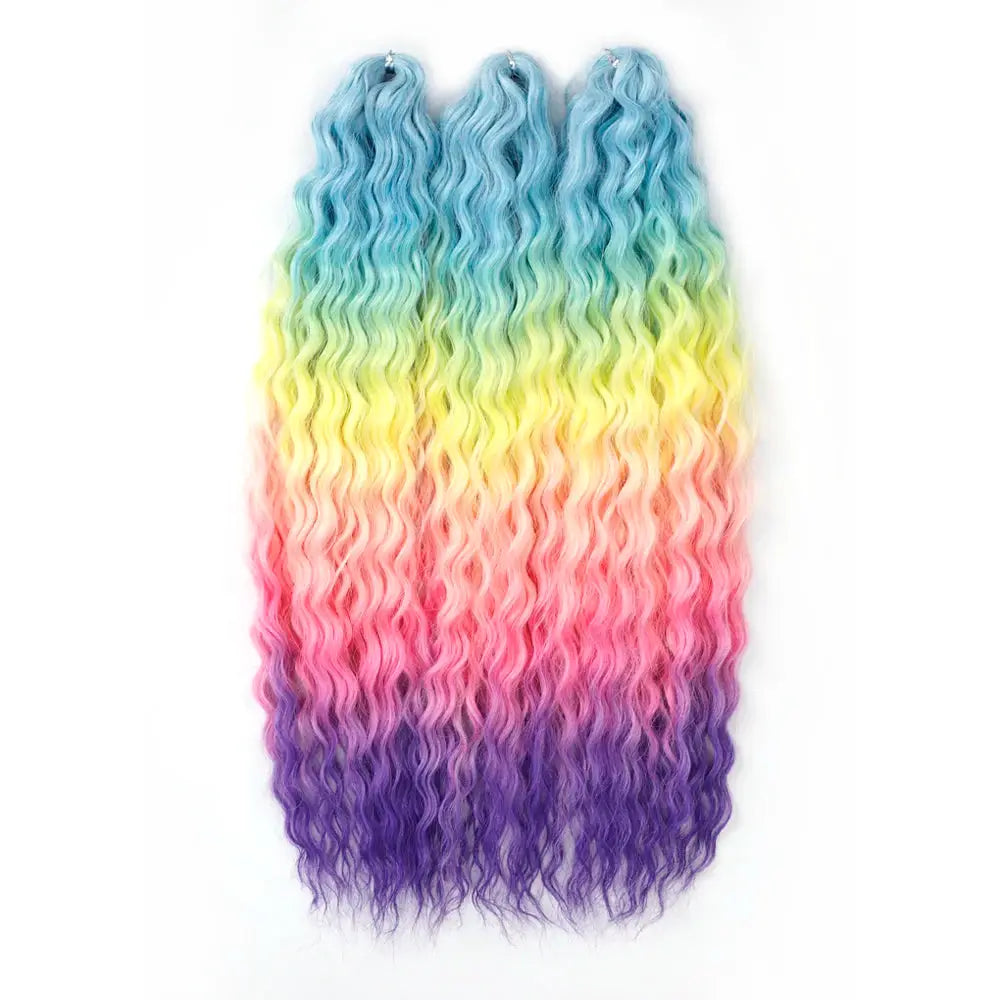 Ariel synthetic twist crochet hair by Simples Market, 22in, water-wave ombre rainbow from blue to purple, 3 bundles