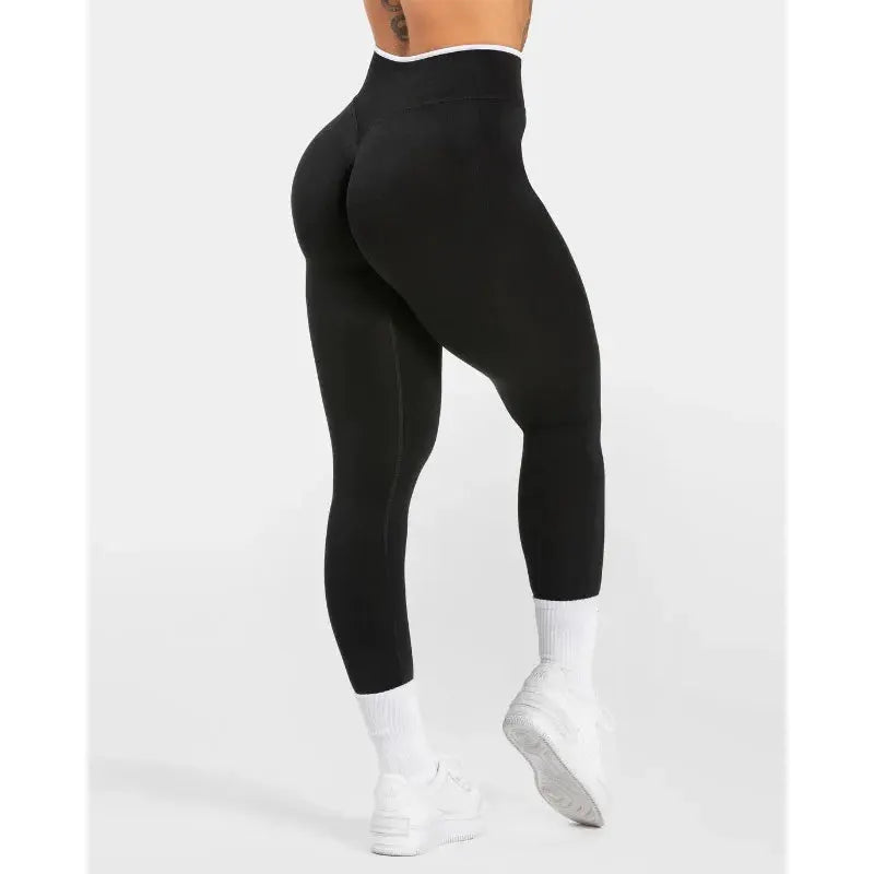 Simples Market women's black seamless knitted yoga leggings with white edge, high-waist hip-lifting