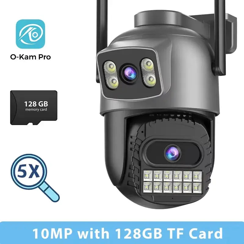 O-Kam Pro outdoor security camera with 128GB TF card, 10MP sensor, gray housing