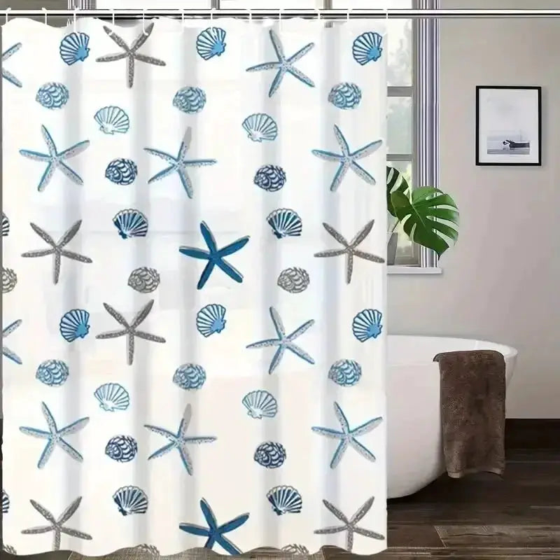Shower curtain PEVA waterproof with blue and gray starfish and seashell pattern by Simples Market.