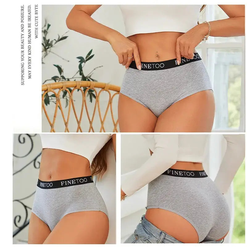 Finetoo 3-pack gray cotton briefs with black elastic waistband, seamless low-rise plus-size underwear