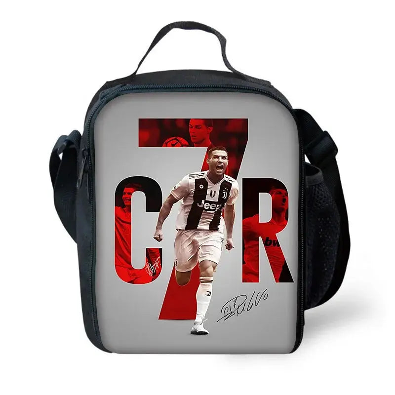 Kids CR7 Ronaldo backpack with gray front panel and black sides, featuring Ronaldo graphic