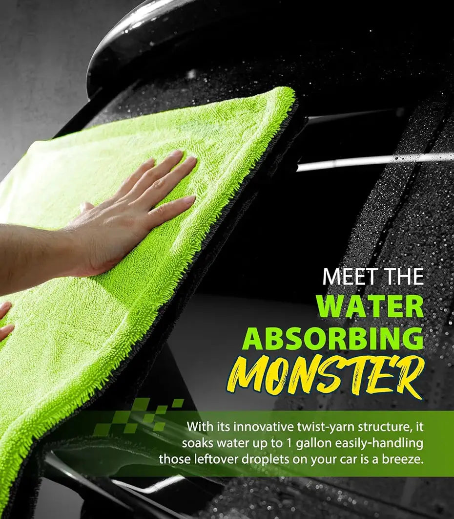 1400GSM heavy-duty car drying towel by Simples Market, oversized 60x120cm neon-green, double-sided