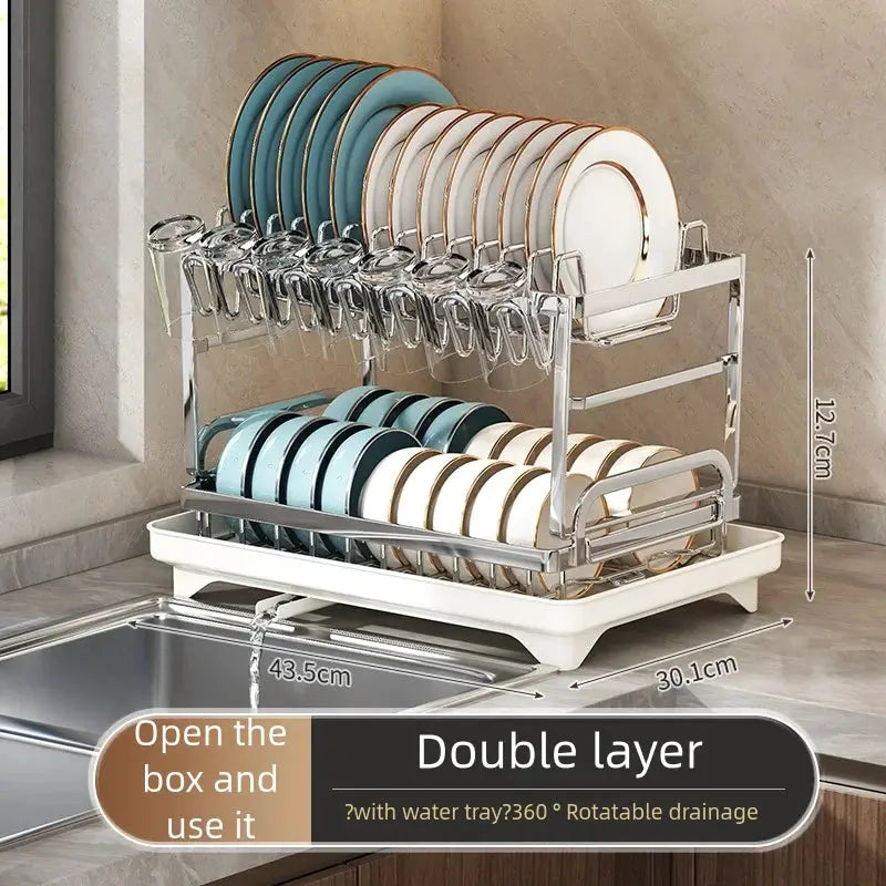 Stainless steel double-layer dish rack by Simples Market with draining tray for plates and bowls