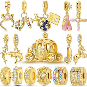 Gold-tone 925 Sterling Silver charms beads set for bracelets; cross, evil eye, bow, plane, globe carriage and charms