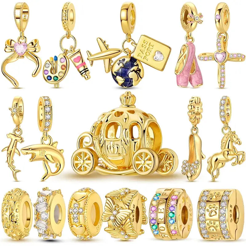 Gold-tone 925 Sterling Silver charms beads set for bracelets; cross, evil eye, bow, plane, globe carriage and charms