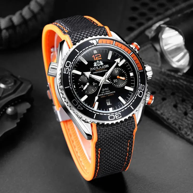 PAULARES P luxury men's automatic watch with black dial, orange bezel and orange-lined rubber strap
