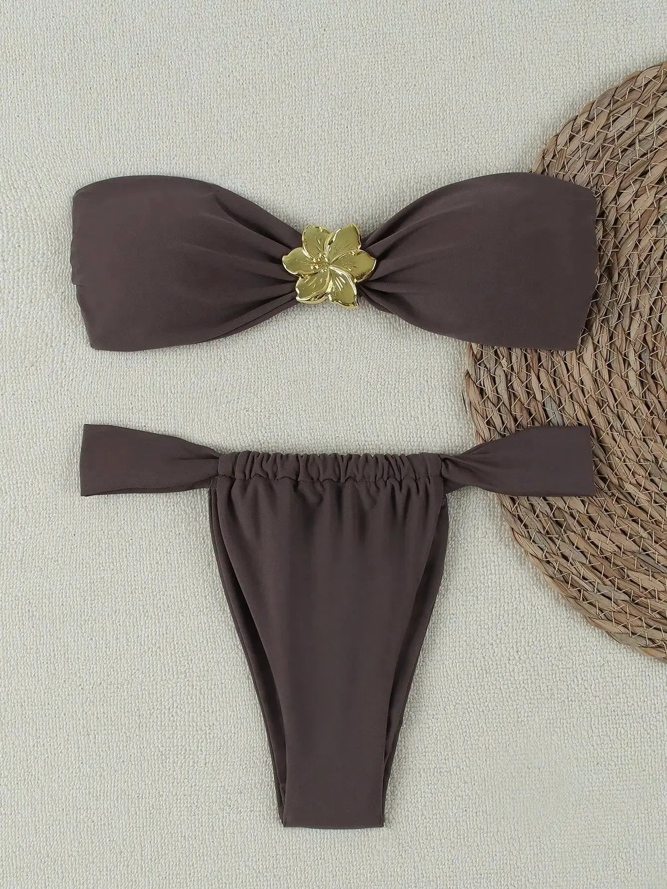 Brown bandeau bikini top with gold flower clasp and matching brown thong bottom, 2-piece bikini set