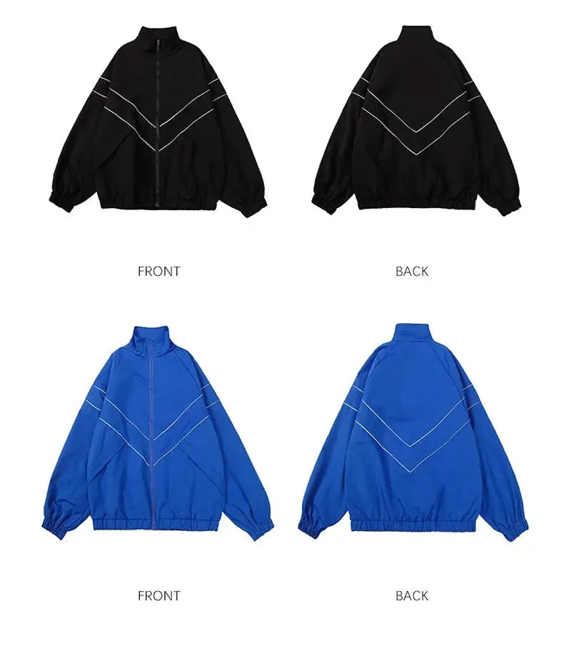 Hip hop varsity windbreaker jacket set in black and blue, front and back views.