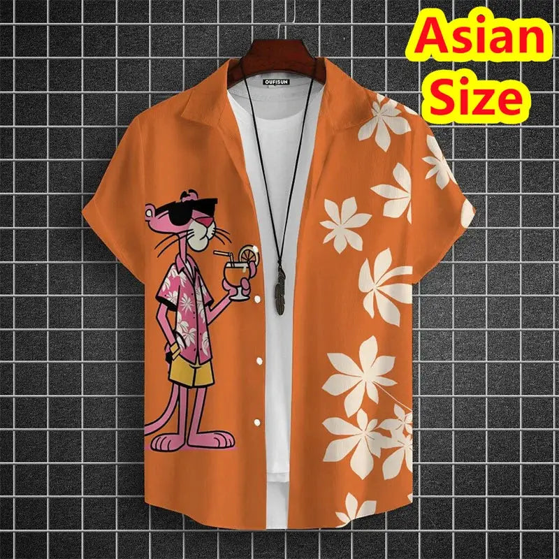 Casual men's Hawaiian short-sleeve shirt in orange with cartoon tiger graphic and white hibiscus print worn over a white tee