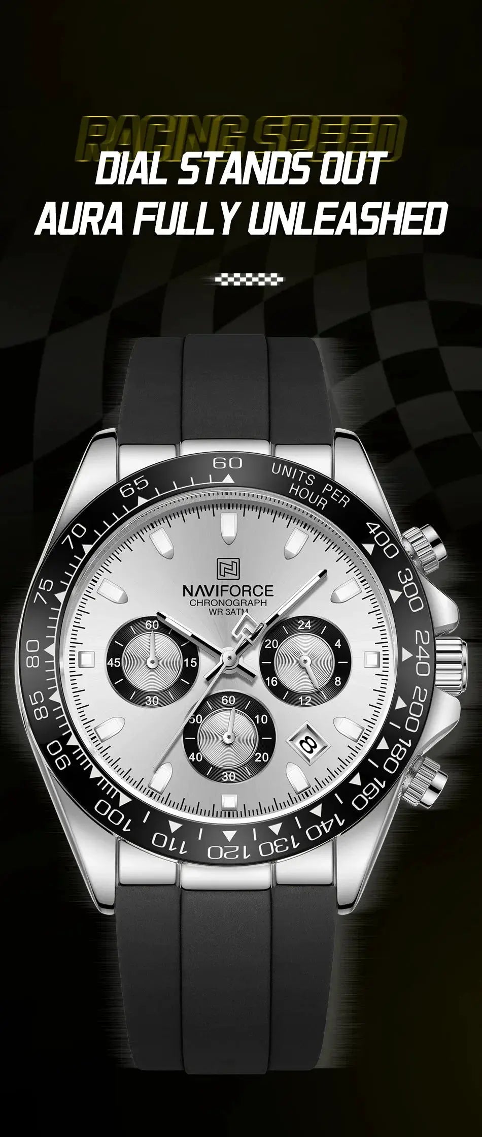 Naviforce NF8054 men's chronograph watch with black silicone strap and silver dial