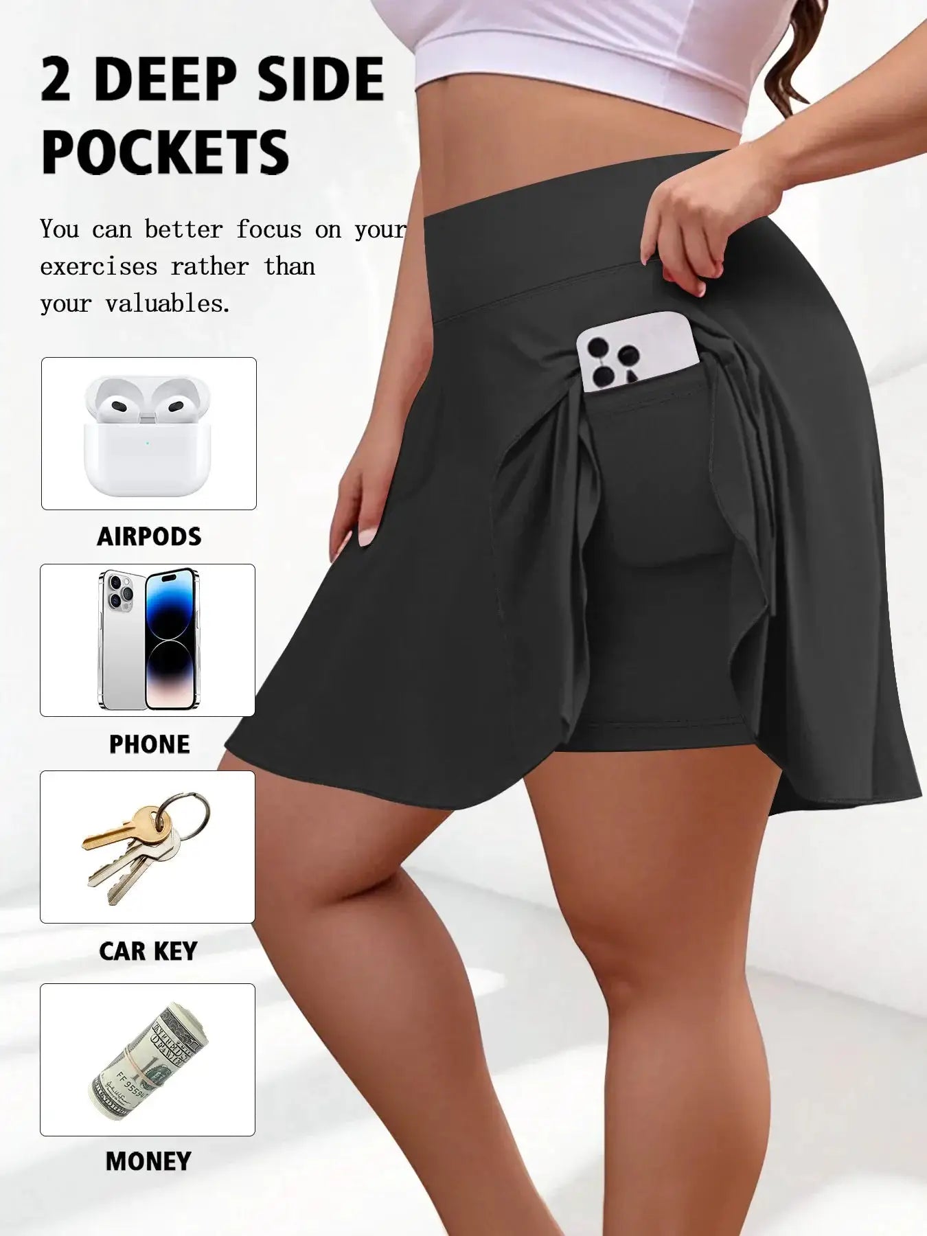 Plus-size high-waist fitness short skirt by Simples Market with 2 deep side pockets in black