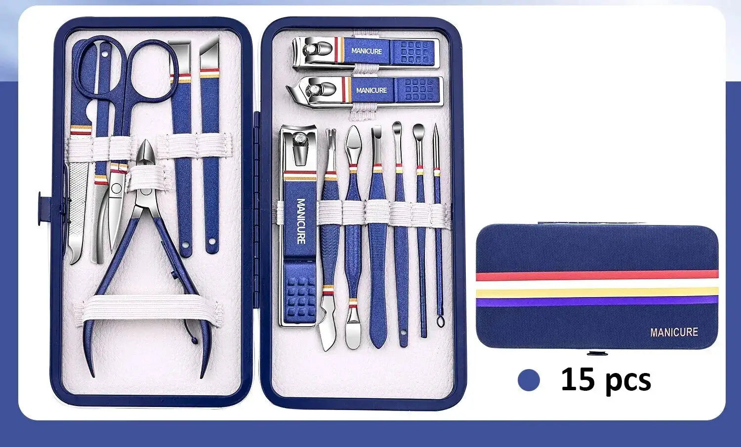 Nail care set, 15-piece blue stainless steel manicure kit in folding case by Simples Market