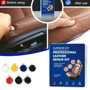 Professional leather repair kit by Simples Market for car seats and sofas; includes seven pigment pots and repair tools.