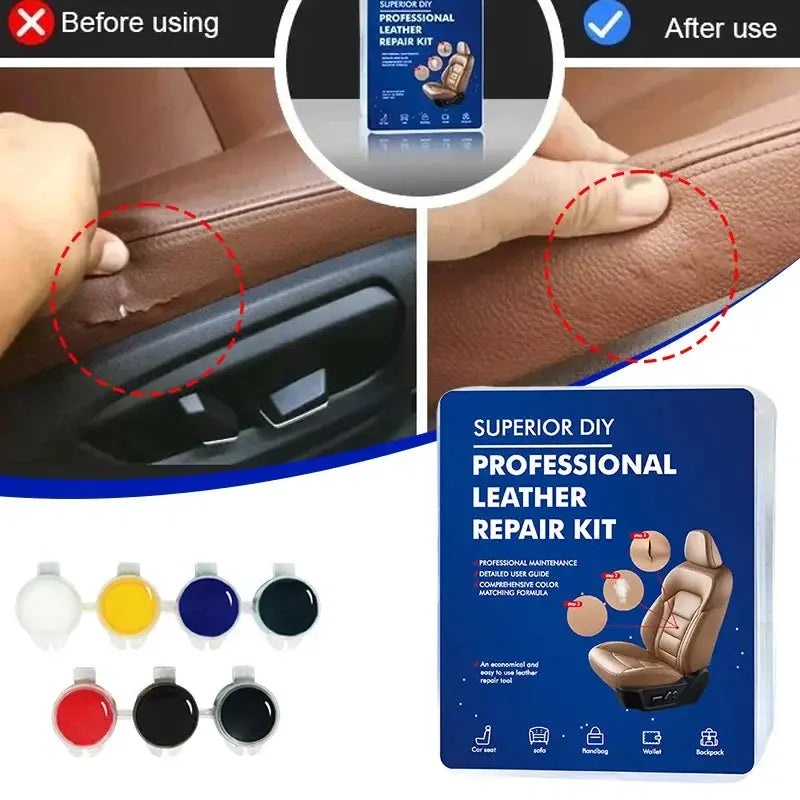 Professional leather repair kit by Simples Market for car seats and sofas; includes seven pigment pots and repair tools.