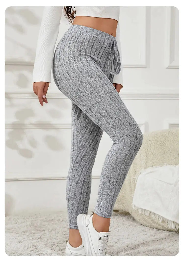 Simples Market women's gray ribbed-knit leggings with elastic drawstring waist