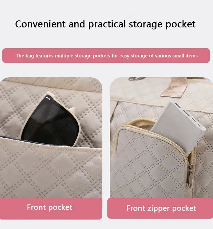 Simples Market beige nylon travel duffle bag with argyle quilting, featuring front pocket and front zipper pocket.