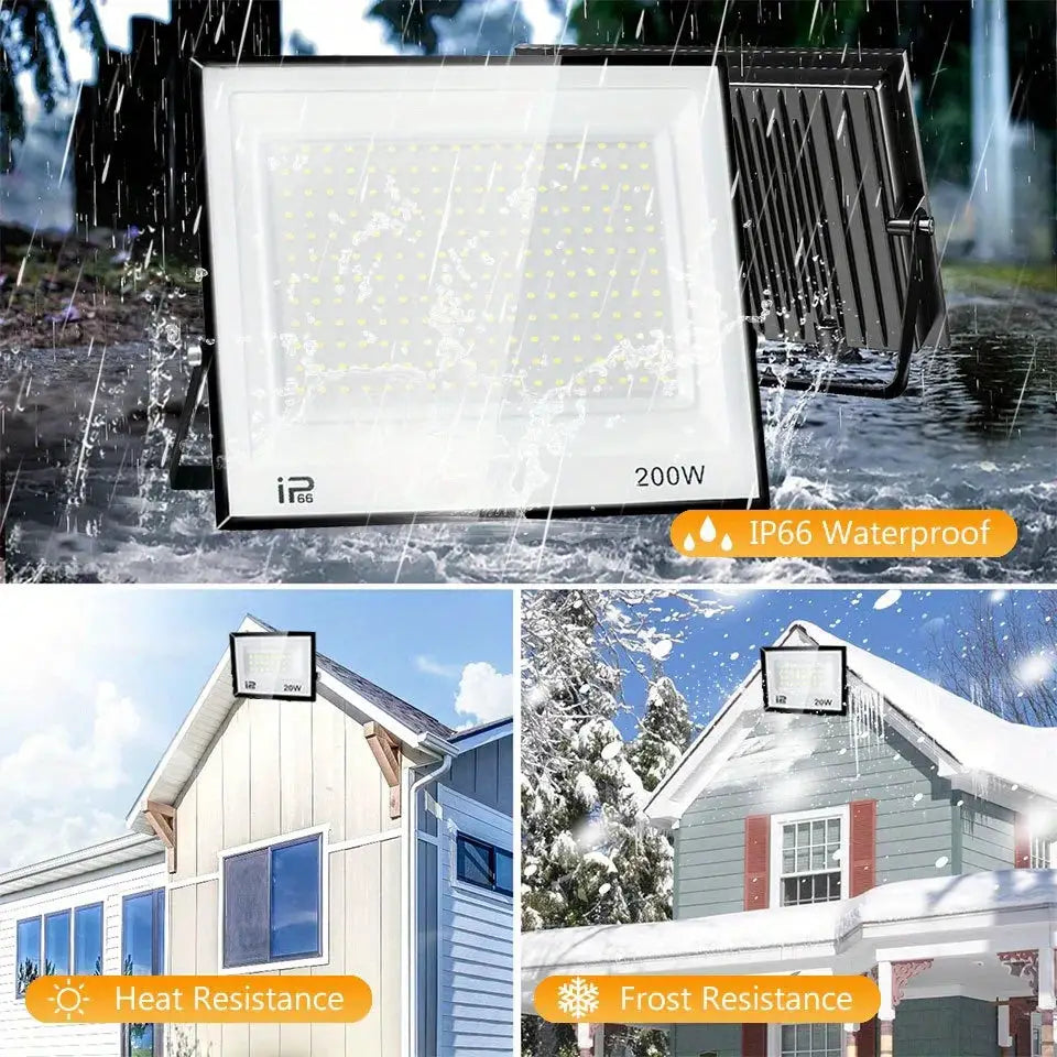LED floodlight 200W outdoor IP66 waterproof, heat and frost resistant, black metal housing for garden lighting